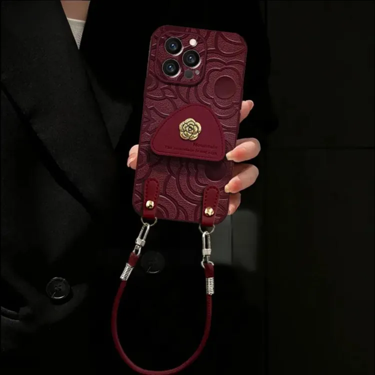 山茶花适用苹果16promax手机壳支架iPhone17pro保护套电镀皮纹15
