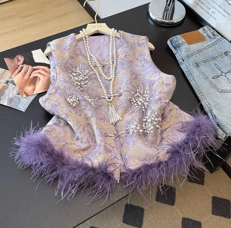 【加棉加厚+毛毛可拆卸】新中式重工提花钉珠拼接鸵鸟毛马甲