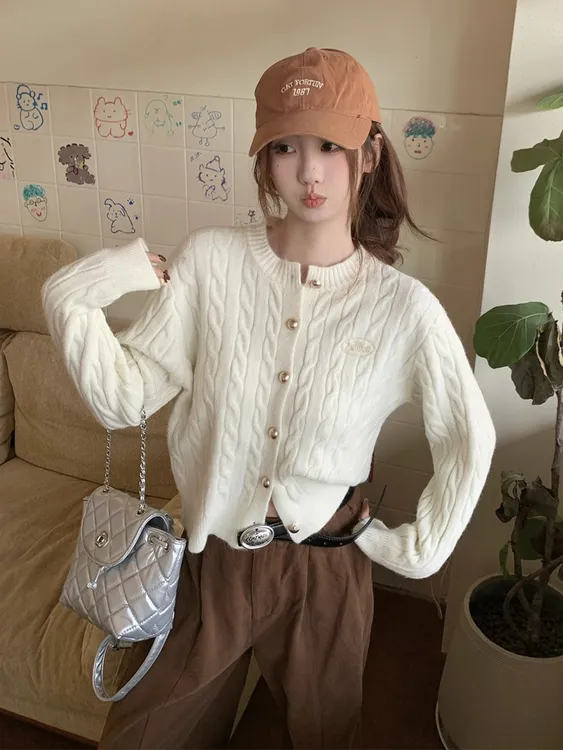 别致刺绣针织外套女2025秋冬韩系学院风chic麻花毛衣单排纽扣开衫