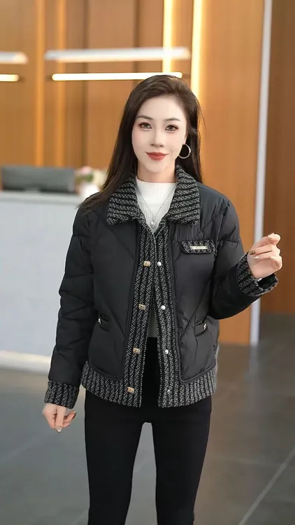 时尚洋气棉服女冬季洋气质减龄加厚保暖百搭毛呢拼接短款棉衣外套