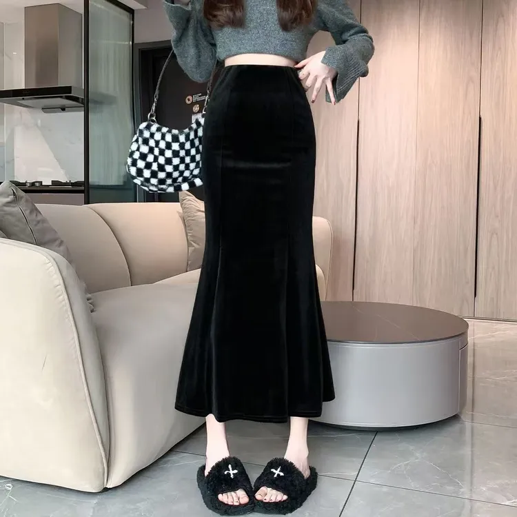 金丝绒鱼尾裙半身裙女秋冬2025新款半裙高腰中长款A字裙包臀裙潮