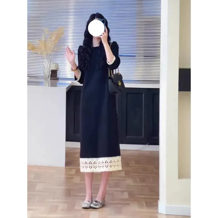 法式高级感复古撞色连衣裙女2025秋季新款高级感休闲宽松显瘦裙子