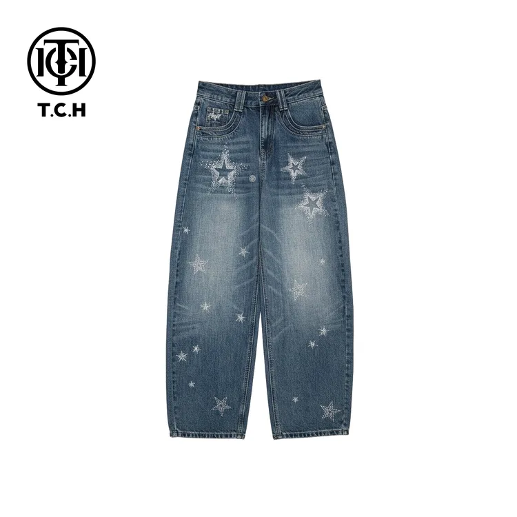 TCH私服【百搭】高腰薄款银钻星落阔腿裤弯刀牛仔裤T78A20E1005