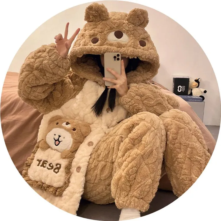 芬腾【断码清仓】三层夹棉袄睡衣A女秋冬季2025新款加厚加绒珊瑚