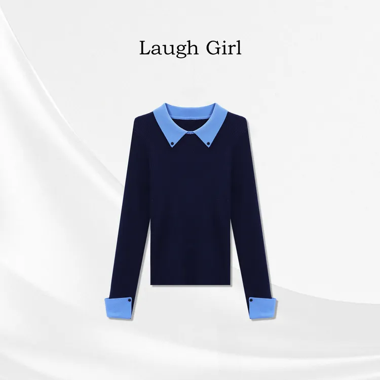 楚楚君 Laugh girl【精致个性】翻领设计拼色显瘦针织上衣XL55091J