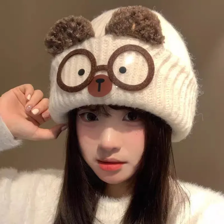 可爱猫耳针织帽女秋冬保暖大围卡通猫咪眼镜护耳冬季帽子女士