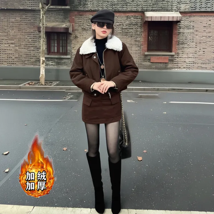 A2025秋冬季新款毛毛领保暖休闲时尚套装短外套网红裙套装QY0119