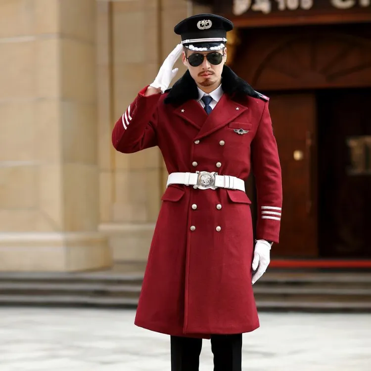 七恰 · 酒红新款形象岗保安呢大衣双排镶银边加厚小兔绒内胆袖子