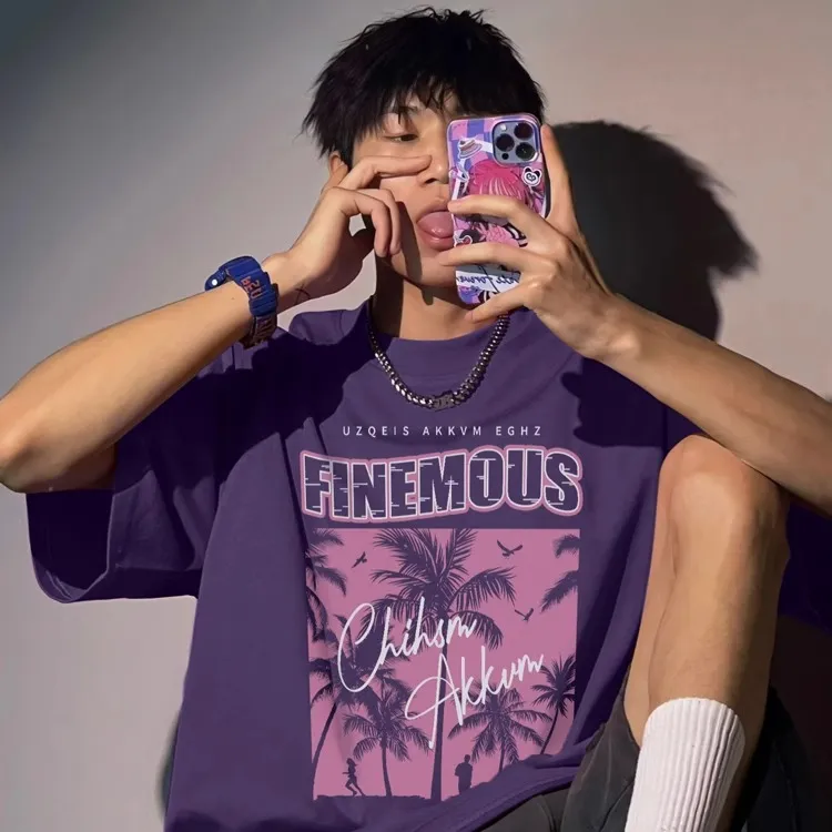 潮牌美式嘻哈痞帅印花短袖t恤男款夏季重磅纯棉宽松百搭紫色上衣