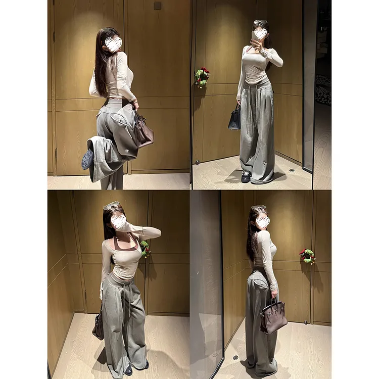 假两件挂脖性感长袖T恤女+美式阔腿长裤 60269