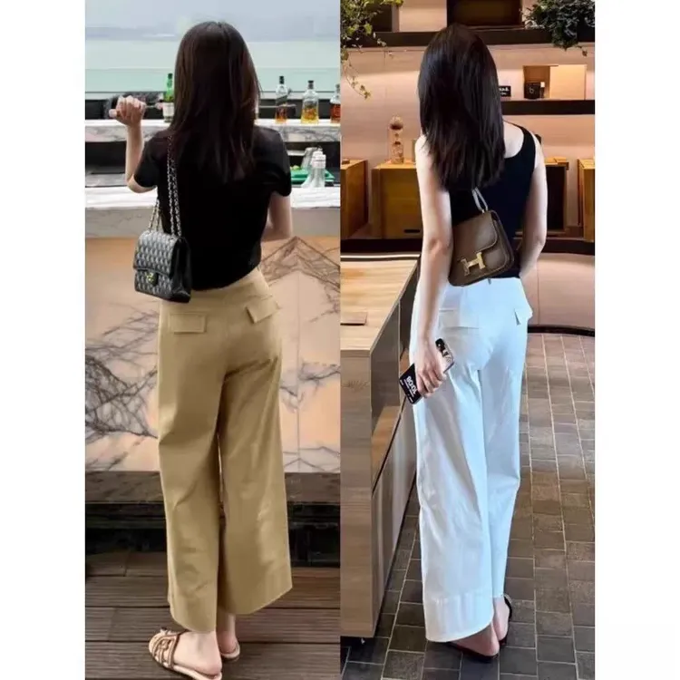 卡其色高腰直筒阔腿休闲裤女夏季新款显瘦梨形身材小个子九分裤