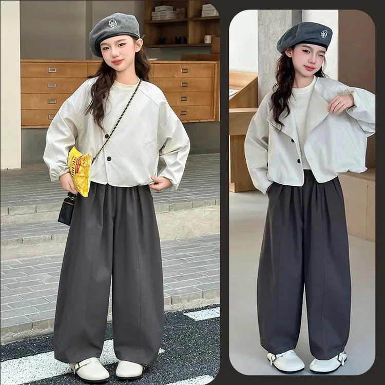 女童秋季时尚韩系简约花苞外套百搭阔腿裤套装6~12岁中大童时髦潮