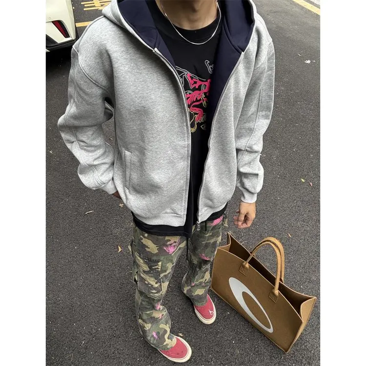 灰色重磅拉链开衫卫衣男款秋季宽松休闲连帽外套拼接运动情侣夹克