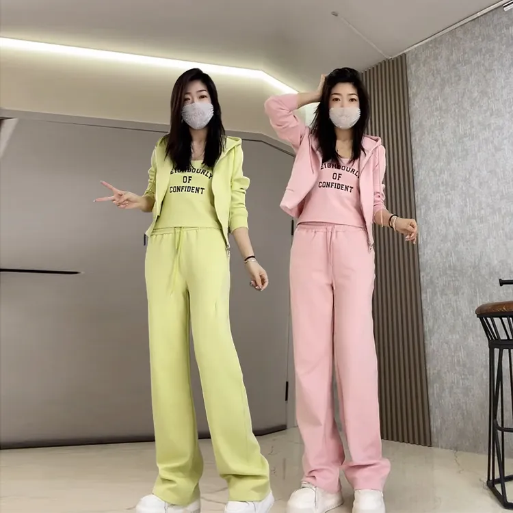外套+背心+阔腿裤三件套68022秋季洋气时尚减龄宽松休闲运动套女-