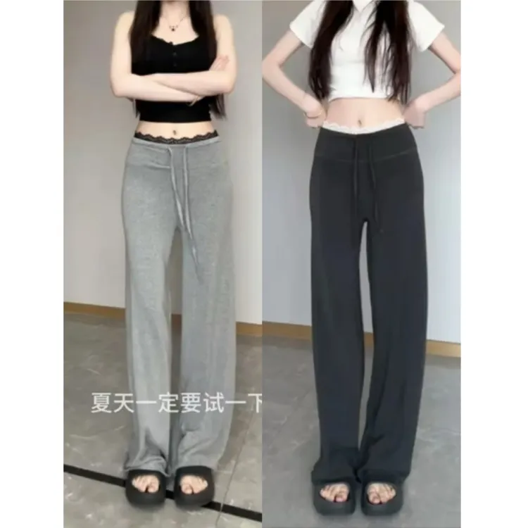 韩系辣妹花边蕾丝垂垂裤女夏季新款时尚百搭宽松显瘦高腰休闲裤潮