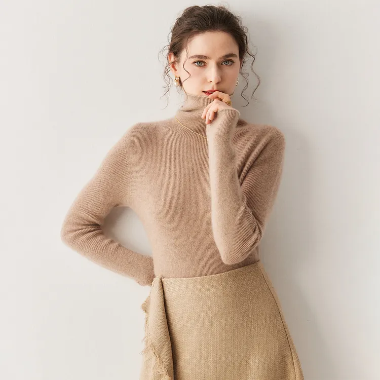 秋冬抽条高翻领山羊绒衫女内搭羊毛针织衫修身显瘦套头打底毛衣