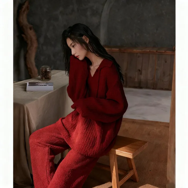 半边绒红色睡衣女秋冬珊瑚绒加绒结婚本命年家居服可外穿套装