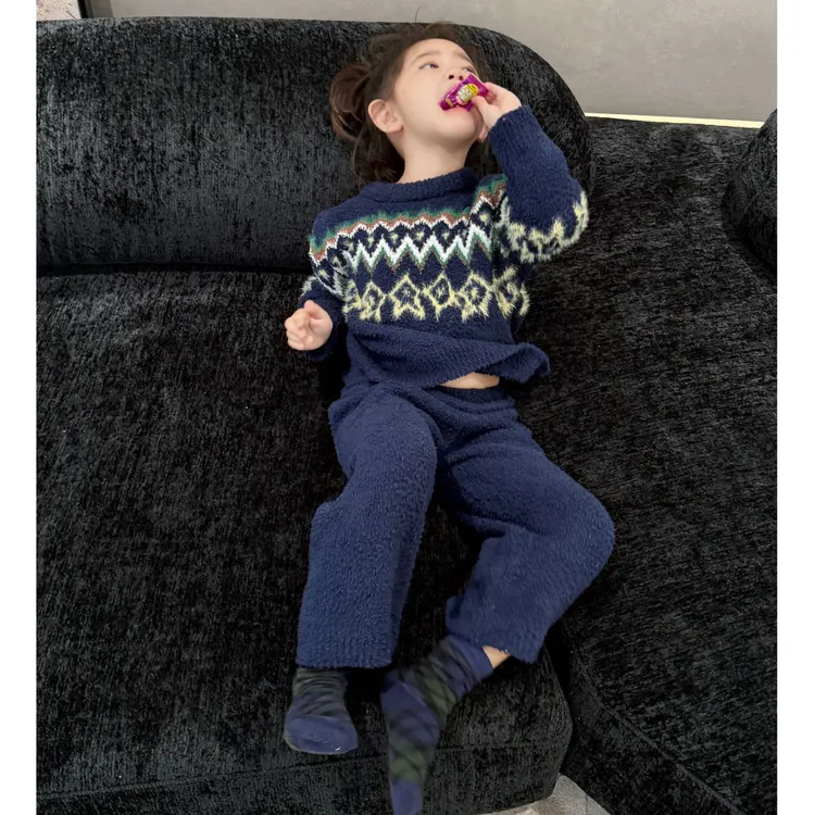 壹妈童装女童秋冬家居服套装新款洋气女宝费尔岛蓝半边绒睡衣睡裤