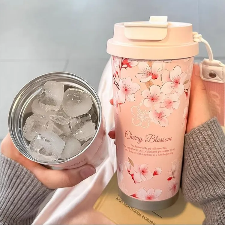 高颜值保温杯不锈钢简约双饮便携咖啡杯夏日花园创意油画吸管水杯
