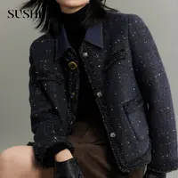 束皙SUSHE 澜缕 奢感小香 90白鸭绒羊毛呢圆领短款箱型保暖羽绒服