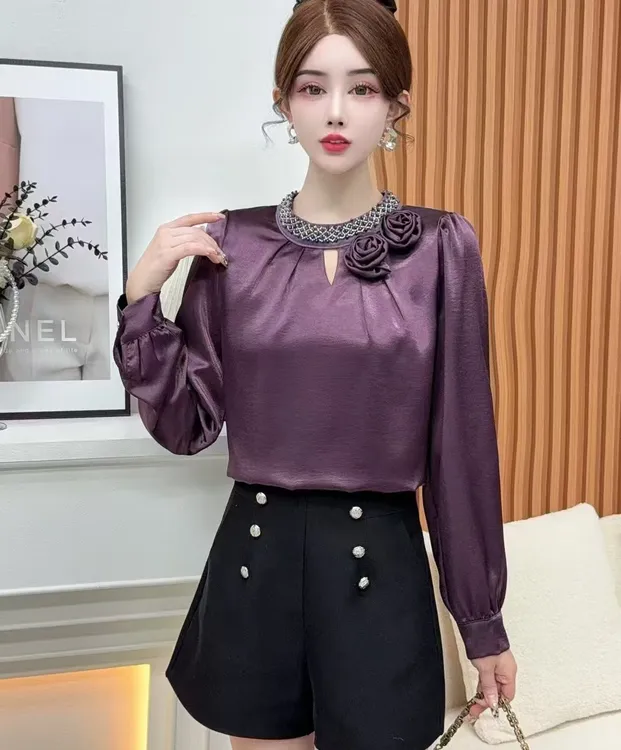 手工钉珠盘花长袖衬衫~2025春装新款设计感洋气减龄百搭上衣2080！