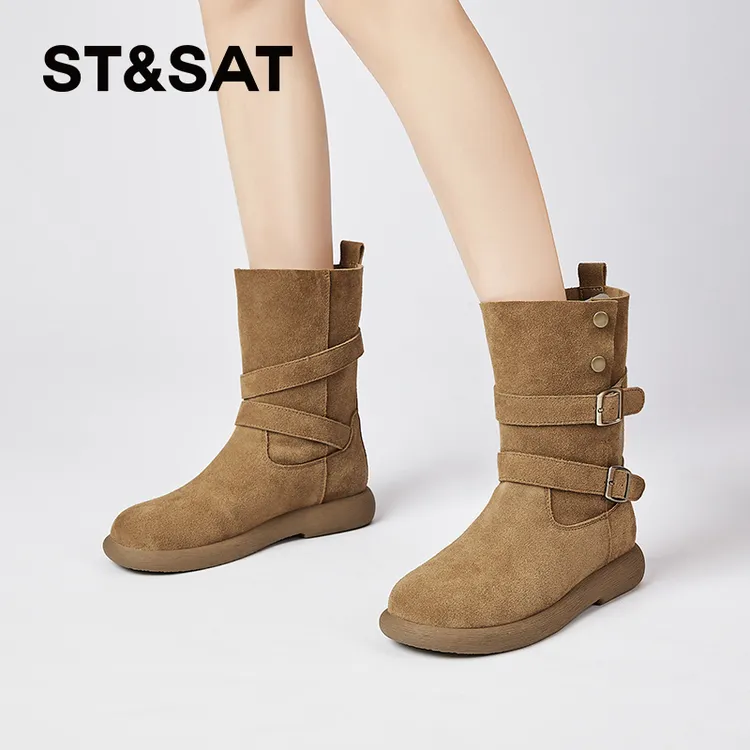 星期六复古骑士靴女士秋冬平底皮带扣短靴基础百搭时尚中筒雪地靴