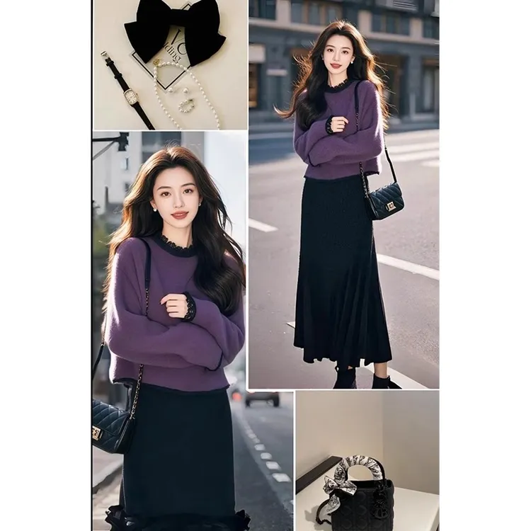 3857紫色毛衣女秋冬新款慵懒高级感时尚洋气宽松显瘦针织打底上衣