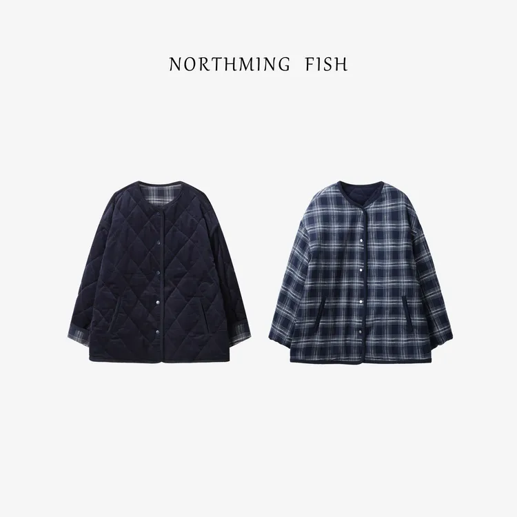 NorthMing fish「冬日冷萃」休闲随性 时髦两面穿格纹撞色圆领外套