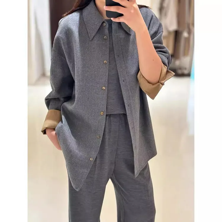 小禾纯原老钱风 双面异色 细支100羊毛双面呢 格雷灰衬衫大衣