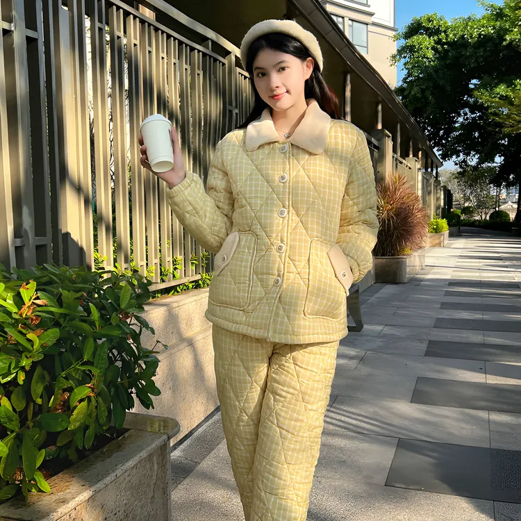 【半甜乐曲】韩蜜蜜新款小香风纯棉梭织格冬季加厚家居服女三层夹棉