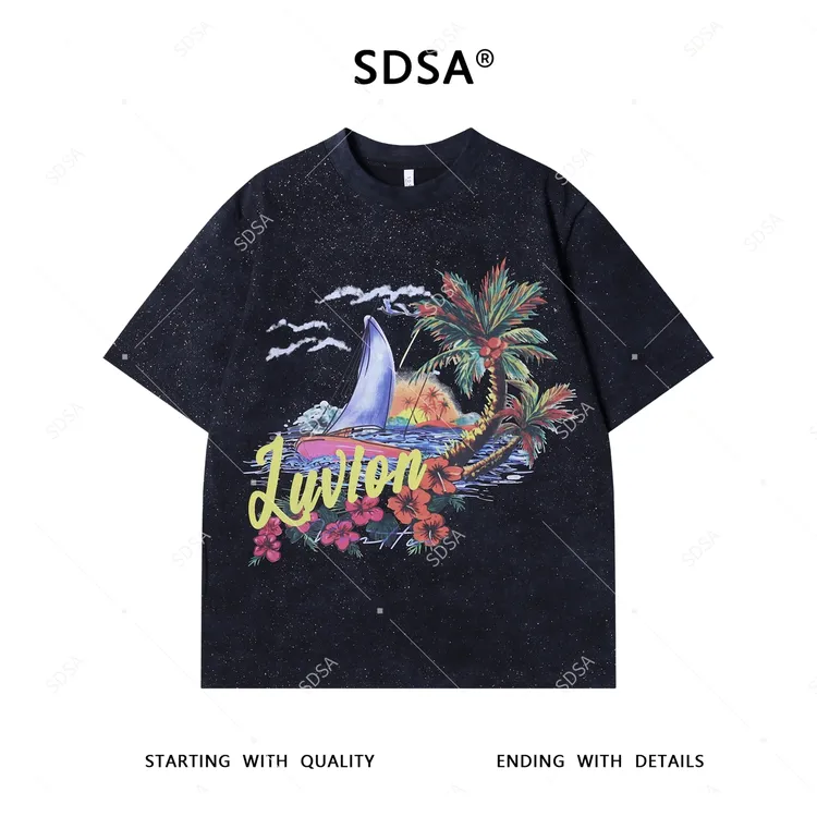 SDSA夏季新款男士痞帅满天星日落帆船印花设计短袖T恤圆领时尚潮