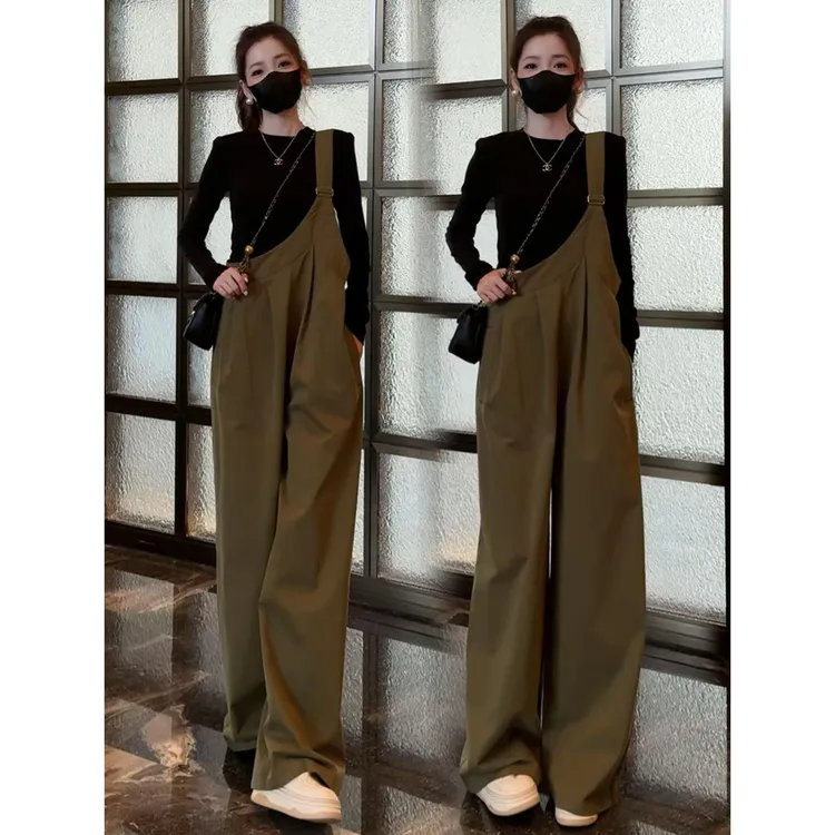 时尚背带裤套装女2025秋季新款洋气显瘦长袖T恤工装阔腿裤两件套