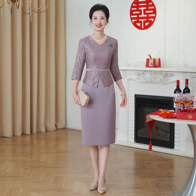 50355新品春夏装蕾丝气质修身假两件高端妈妈结婚礼服高贵连衣裙