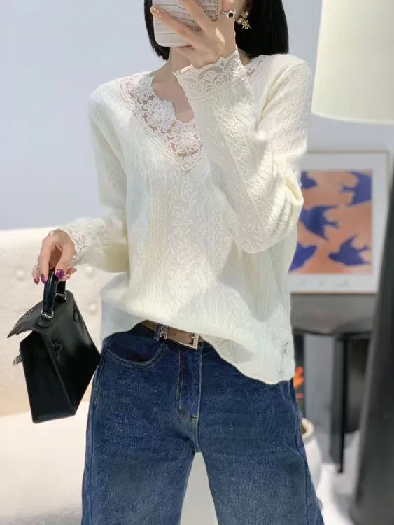 重磅加厚！约200g美到极致V领蕾丝钩花洋气内搭套头打底女-FC2025B