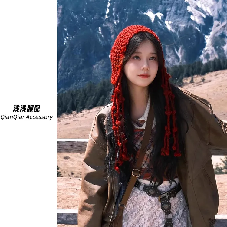 川西旅游镂空针织帽子女出游百搭流苏绑带安可雷穿搭毛线套头冷帽