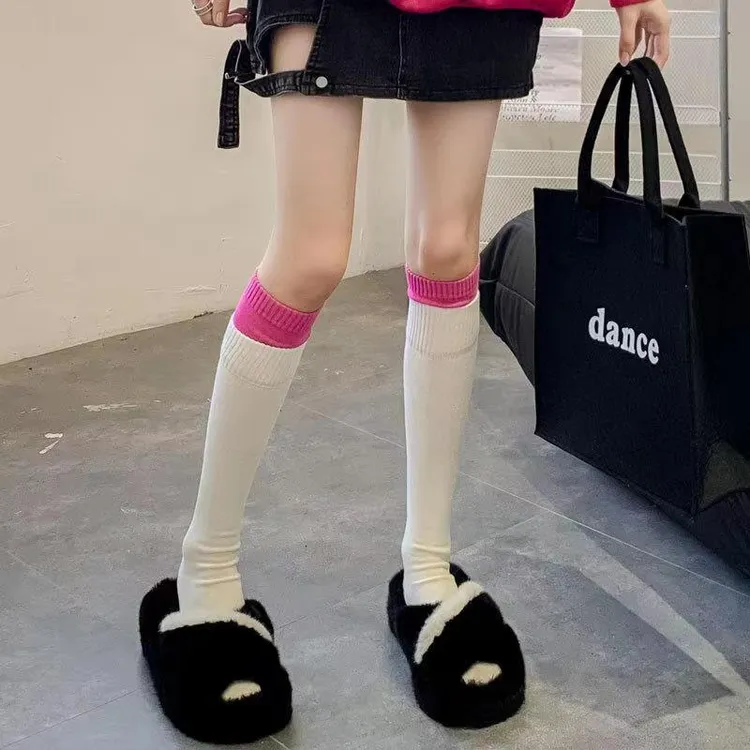 过膝粉色中筒秋冬女拼接条纹长筒堆堆袜高筒甜美jk奶白色小腿袜腰