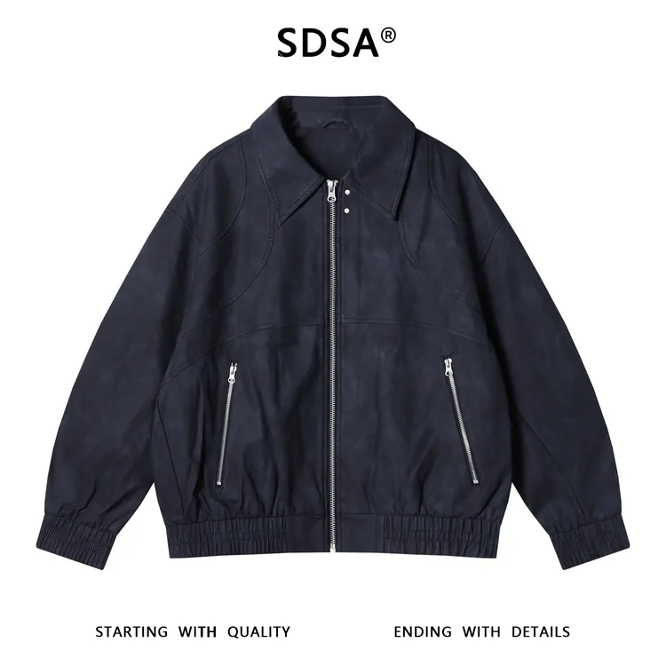 SDSA男士秋冬新款痞帅男装美式拉链口袋翻领皮衣夹克时尚简约外套