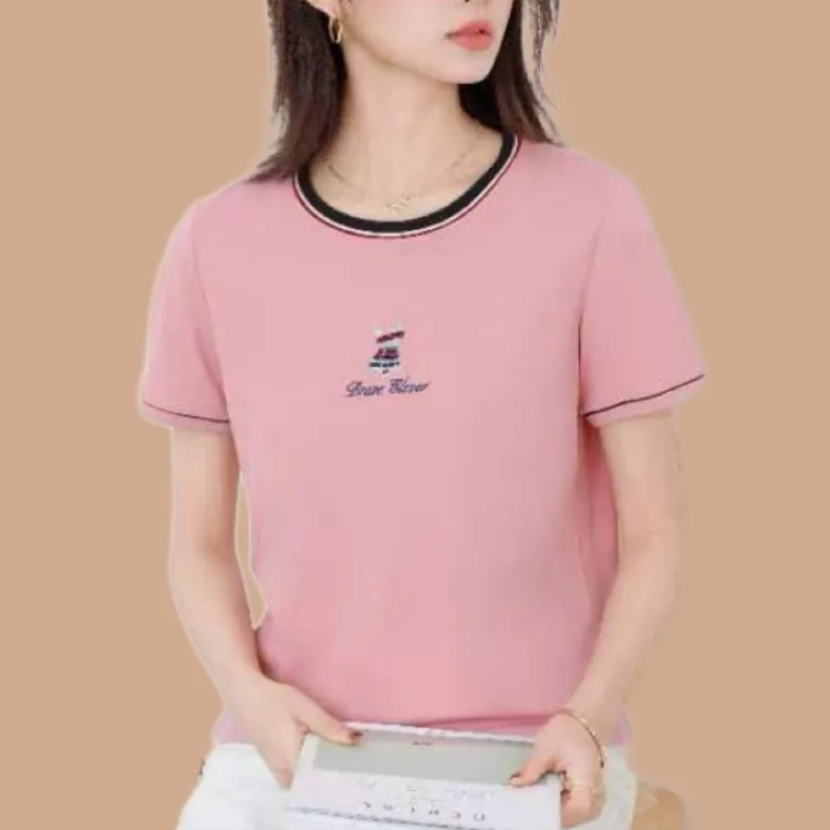 8238#撞色刺绣显瘦时尚百搭短袖圆领宽松夏季休闲大码透气T桖半袖