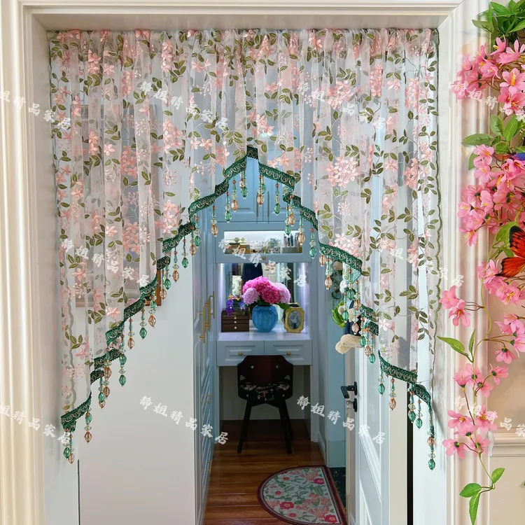轻奢绿韵刺绣定制免打孔安装隔断门帘纱帘布艺卧室