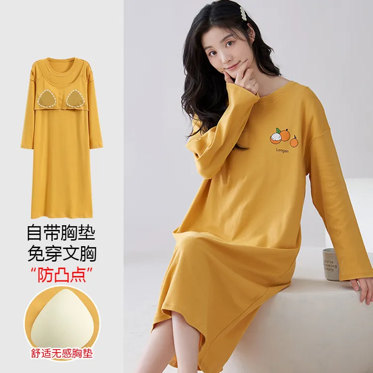 浪莎纯棉带胸垫长袖睡裙女春秋季睡衣连衣裙可外穿防凸点家居服薄
