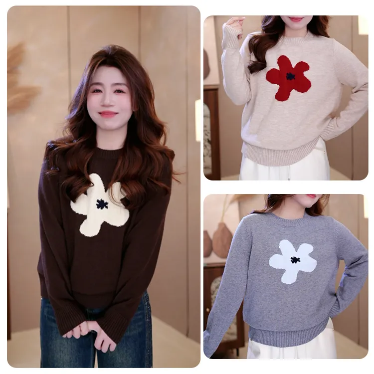 灵儿灵儿2025秋冬季新款大码女装设计感花朵提花圆领宽松针织衫260687