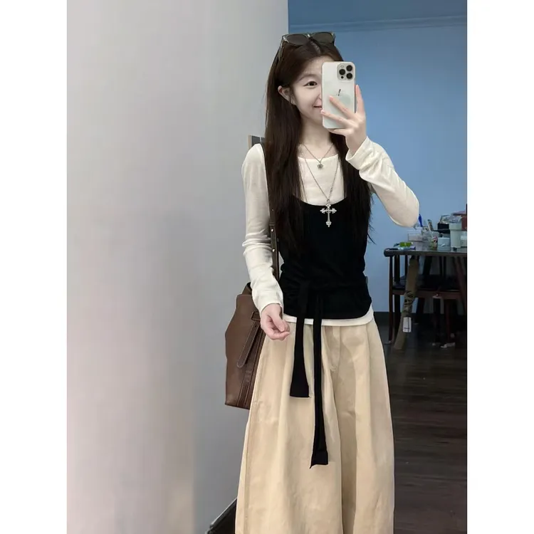 韩系撞色叠穿吊带长袖t恤女早秋氛围感小个子修身内搭打底衫上衣