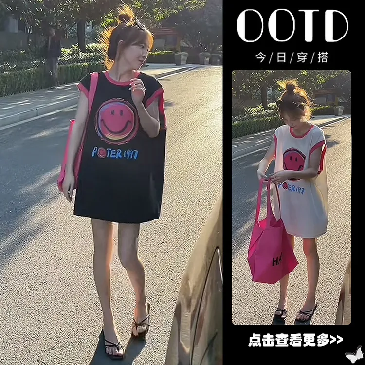 超火夏季穿搭一整套女2025新款宽松无袖印花T恤高腰短裤两件套