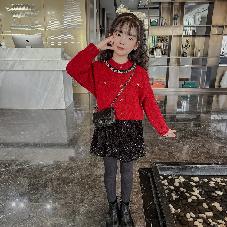 2025女童精致麻花毛衣两片群2件套 女宝宝加厚年款喜庆毛衣2件套