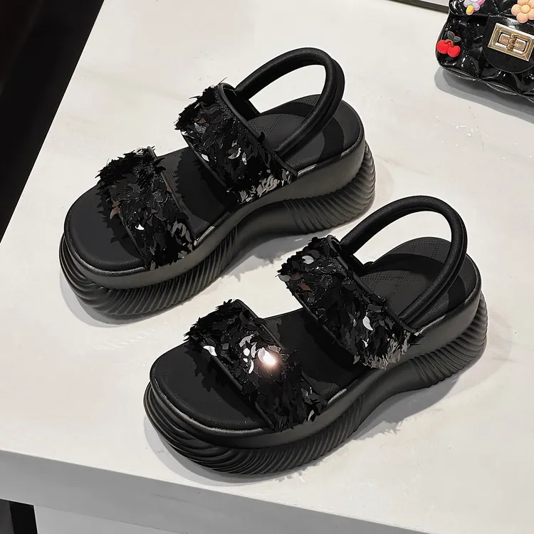 亮片运动休闲凉鞋女夏季新款软底不累脚时尚高级感增高厚底罗马鞋