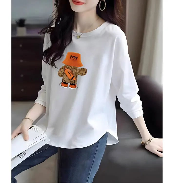长袖t恤女2025春秋新款白色宽松纯棉内搭打底衫大码显瘦遮肚上衣