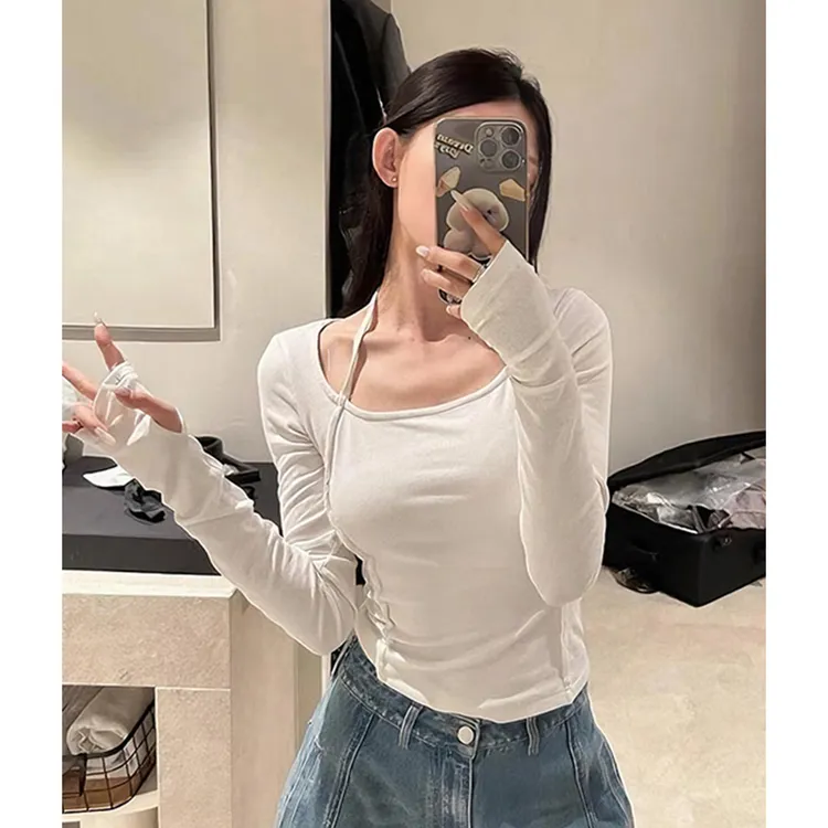翰代维辣妹挂脖长袖T恤女秋冬新款加绒修身显瘦内搭打底衫上衣潮