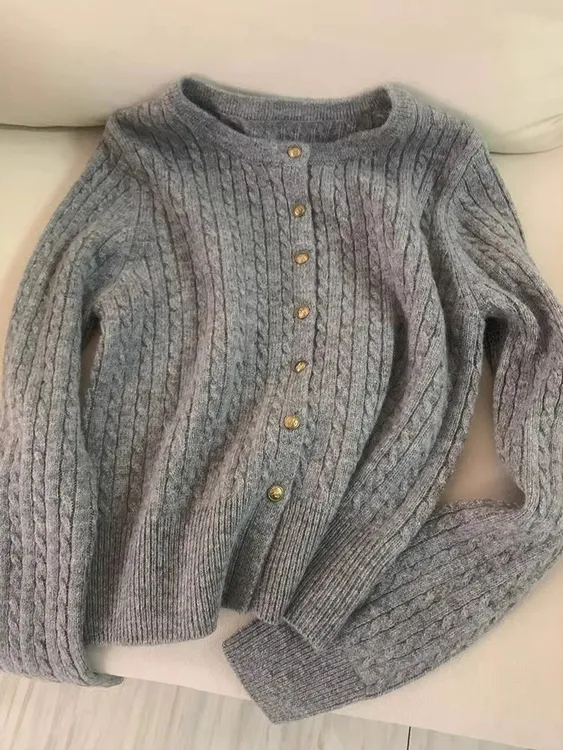 100%纯羊毛秋冬开衫女针织麻花圆领毛衣外套