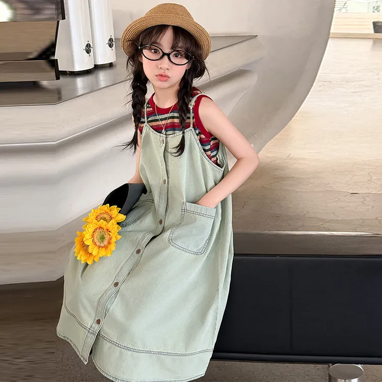 女童夏款牛仔裙新款洋气时髦夏装背带裙女大童条纹背心套装裙