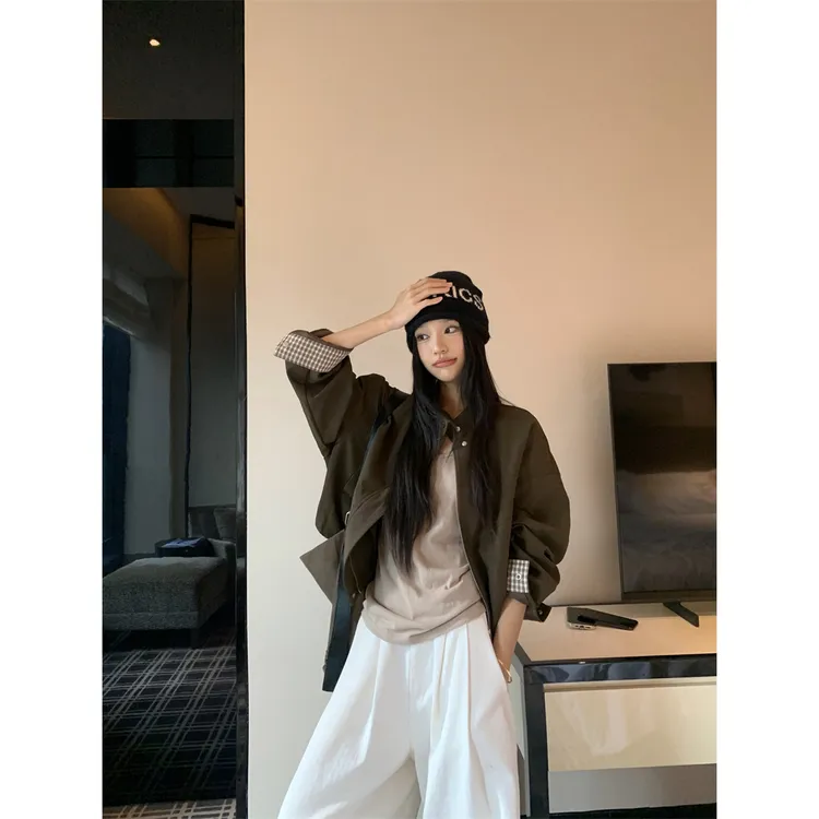 格子拼接长袖皮衣外套女2025秋季新款设计感酷飒风宽松夹克上衣潮